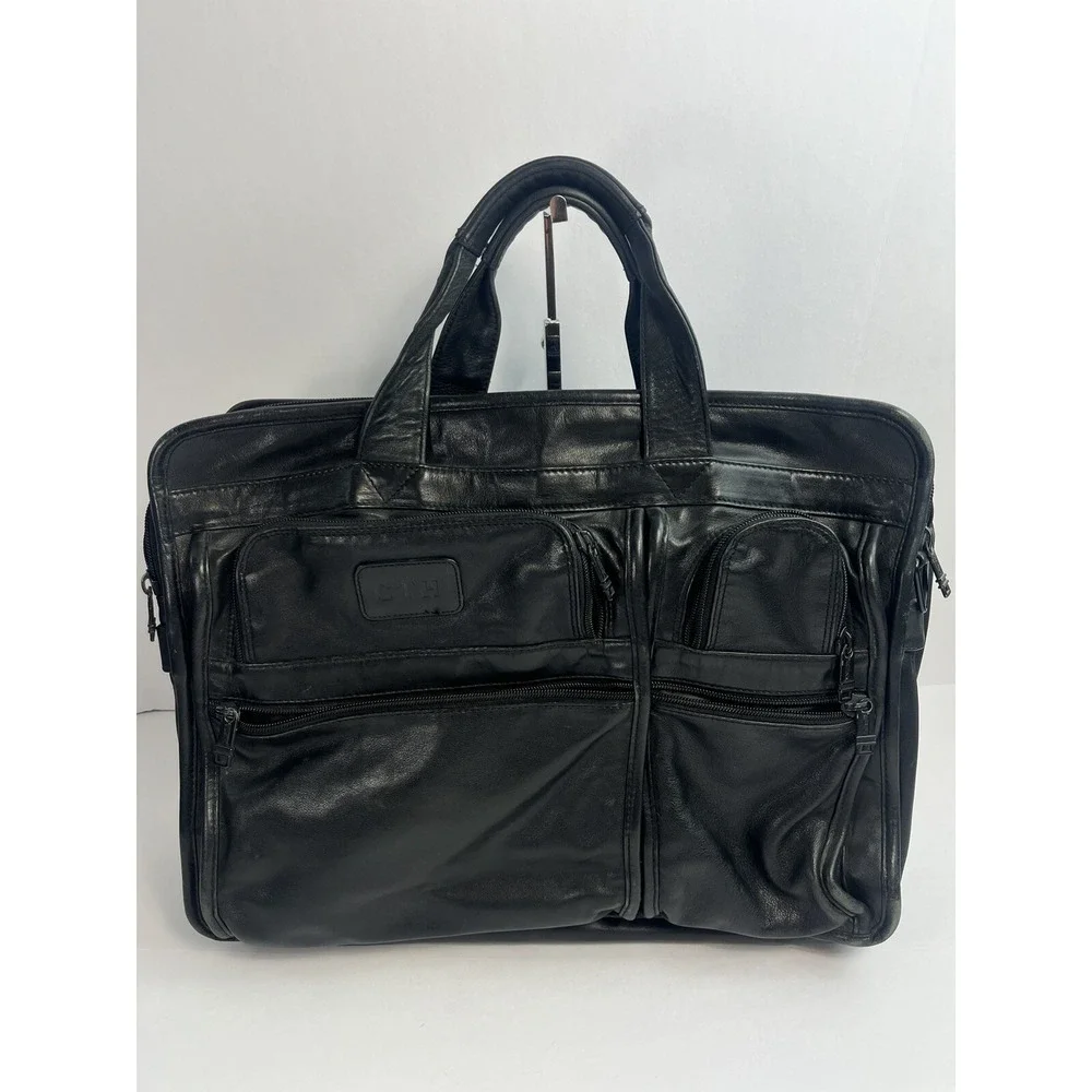 TUMI Black Leather Laptop Messenger Bag 17